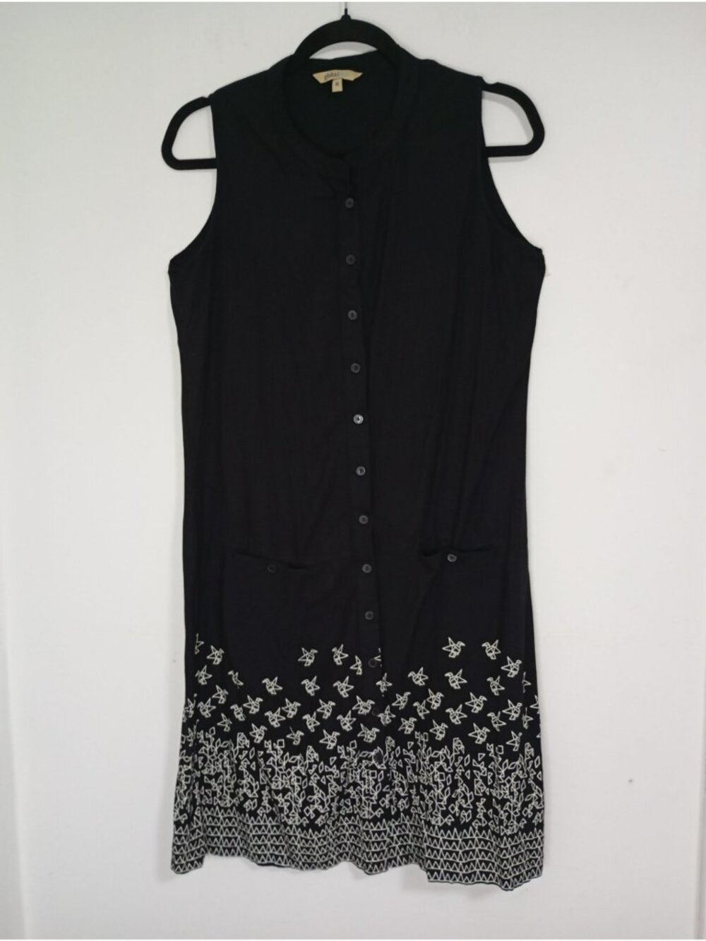 Global Desi Dress Black Button-Down White Origami Bird Print Size M 100% Liva